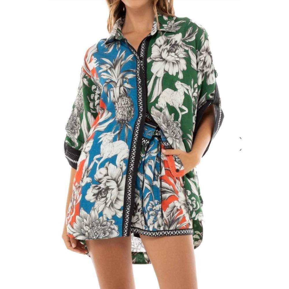Agua Bendita Chrissy Wats Cover Up Shirt Women S Green Blue Tropical Linen Boho‎